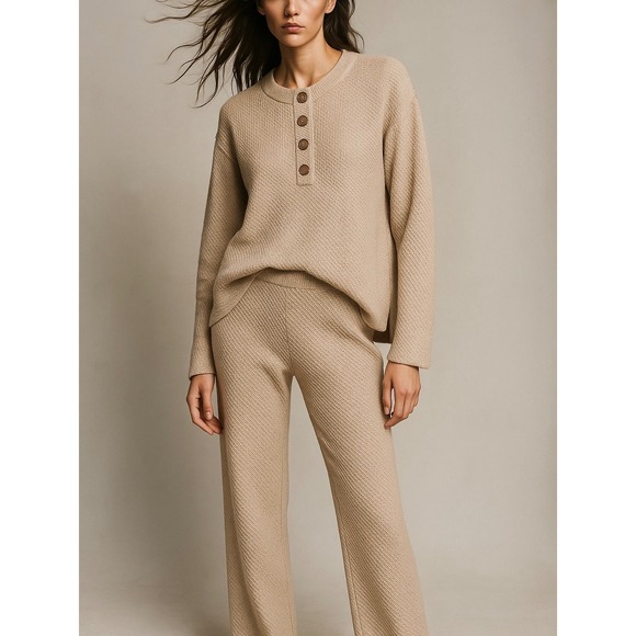 Bluivy‎ S01664 Cotton Knit Lounge Set Waffle Top Pants Two Piece Beige Medium - Picture 2 of 12